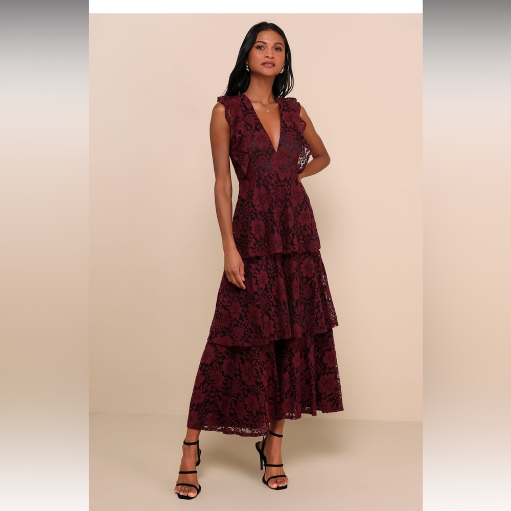 Lulus Molinetto Burgundy Lace Ruffled Tiered Sleeveless Maxi Dress
